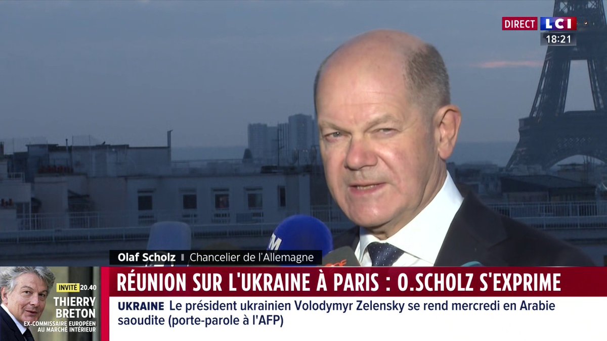 🗣️ "Nous nous félicitons qu'il y ait des échanges en vue d'un plan de paix, mais pour nous, une chose est sûre, cela ne signifie pas que l'Ukraine doit accepter ce qui lui est présenté" assure le chancelier allemand, Olaf Scholz
