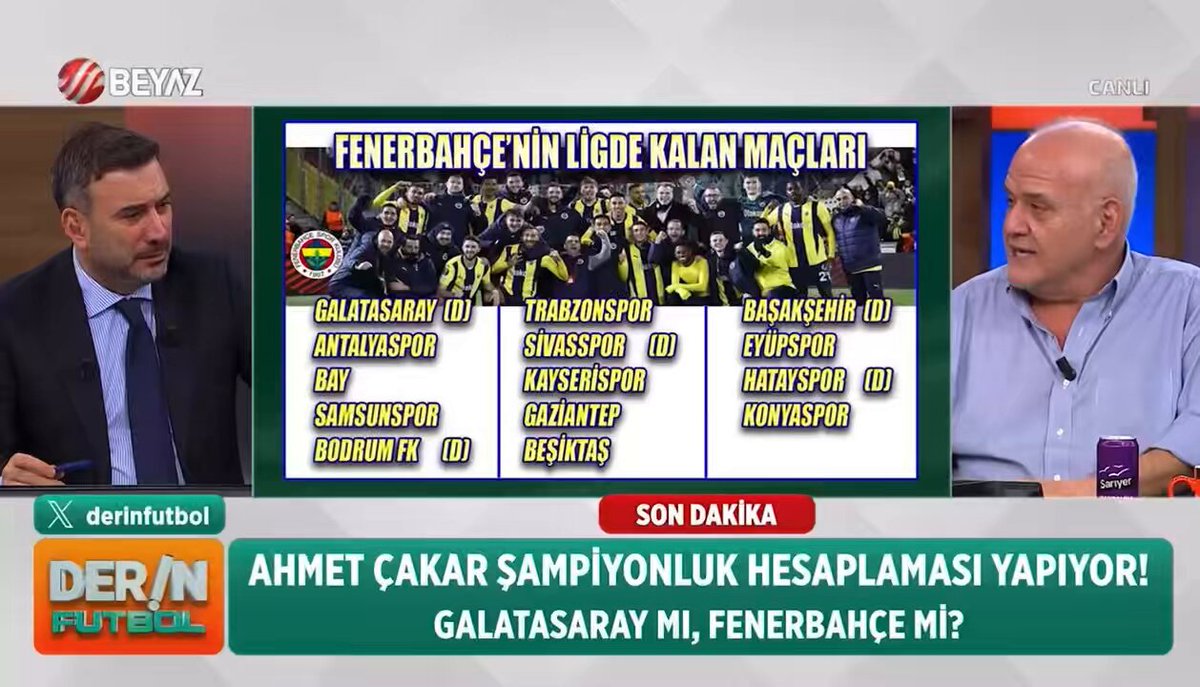 Ahmet Çakar: Galatasaray ile Fenerbahçe berabere kalırsa Galatasaray'ın şampiyonluk şansı %71'dir. Fenerbahçe kazanırsa Fenerbahçe'nin şampiyonluk şansı %54 olur! #derinfutbol