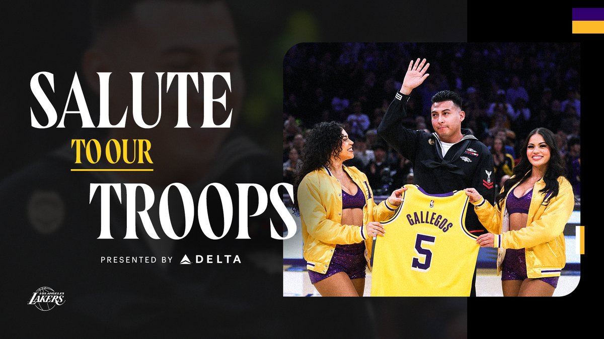 The Lakers, together with Delta and Bob Hope USO, brought out Baruch Gallegos, U.S. Navy. MA2 and Lakers fan, for a day with the Purple &amp; Gold. Honoring those who have served with Salute to Our Troops 💜