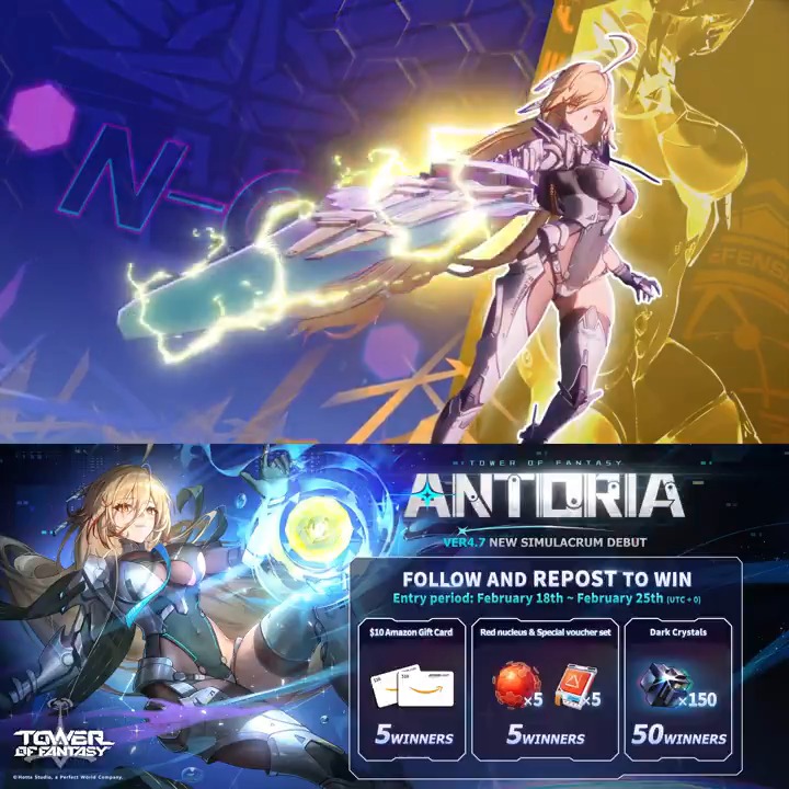 💫#TowerofFantasy New Simulacrum Debut #Antoria 【Ver.4.7 #StarfallRadiance】will be available from 2/25! Join the fight to pave the way for a brighter future! Follow & Repost to win Amazon Gift Card and exclusive rewards!🎁(The event ends on February 25) #ToF