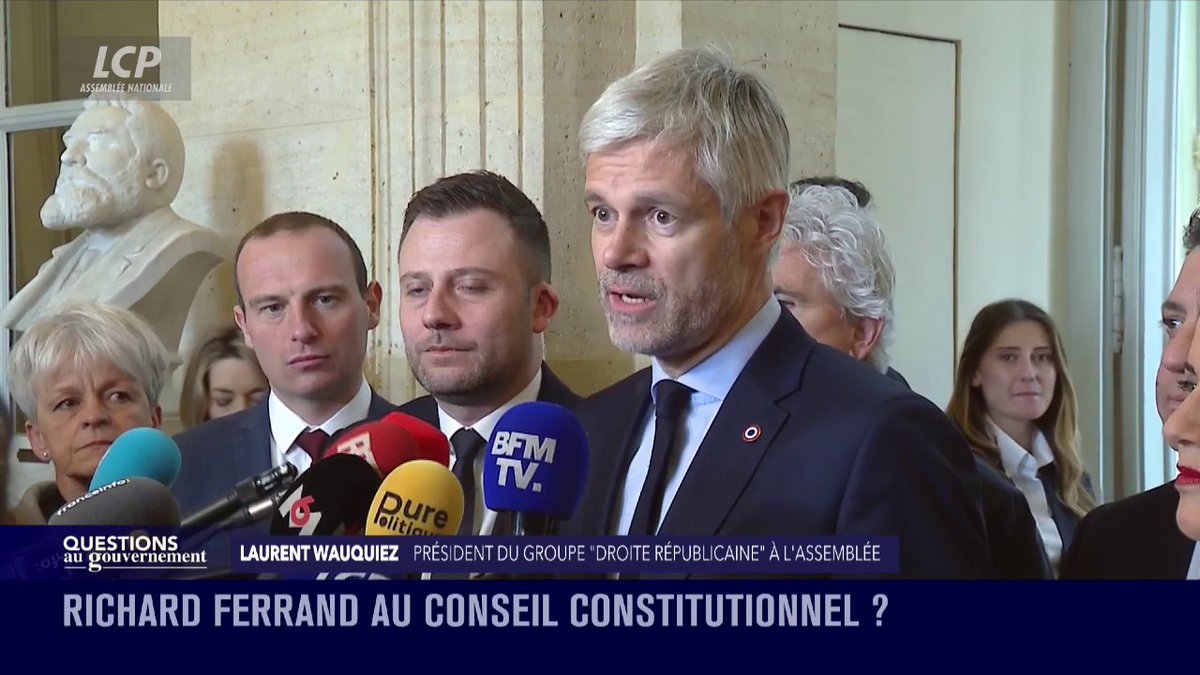 🔴🏛️ "Les députés Les Républicains ont décidé à l'unanimité de s'opposer à la nomination de Richard Ferrand à la tête du Conseil constitutionnel", annonce Laurent Wauquiez. "C'est une personnalité qui pose un problème d'éthique, d'impartialité." #DirectAN #QAG