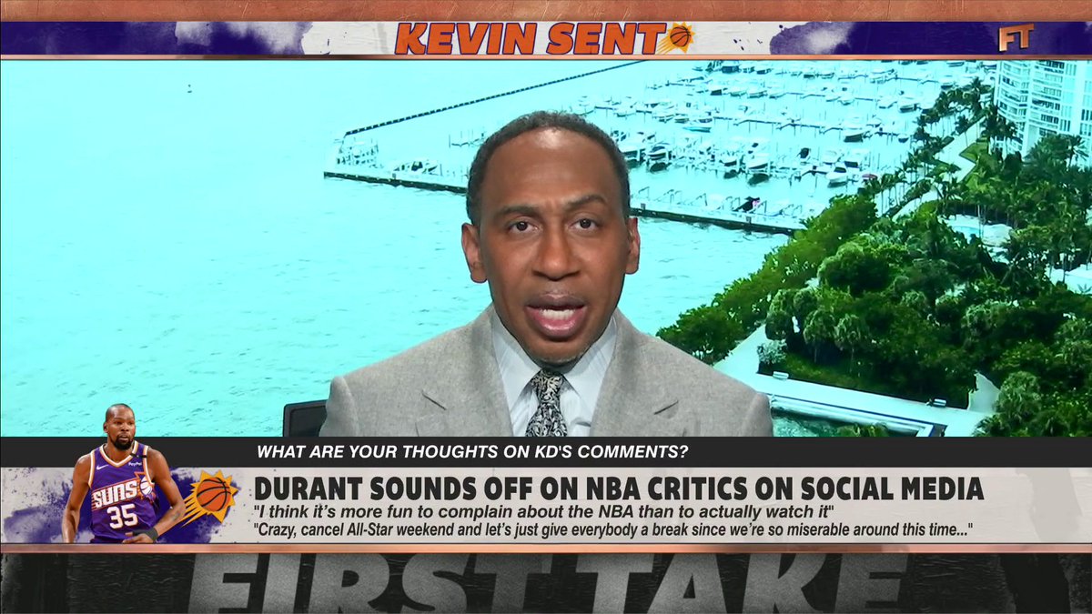 .Stephen A Smith reacts to Kevin Durant's recent comments about critics of NBA All-Star Weekend 👀 "He basically said to the world he doesn't give a damn." 😳