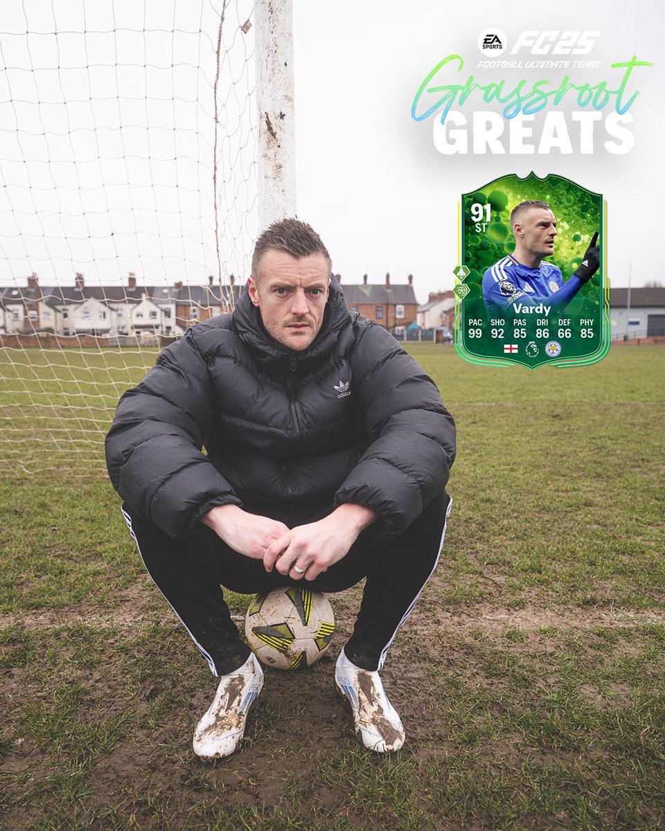 From the lower leagues of English football to a Premier League Champion. Grassroot Greats Jamie Vardy, available in #FC25 Ultimate Team now.
