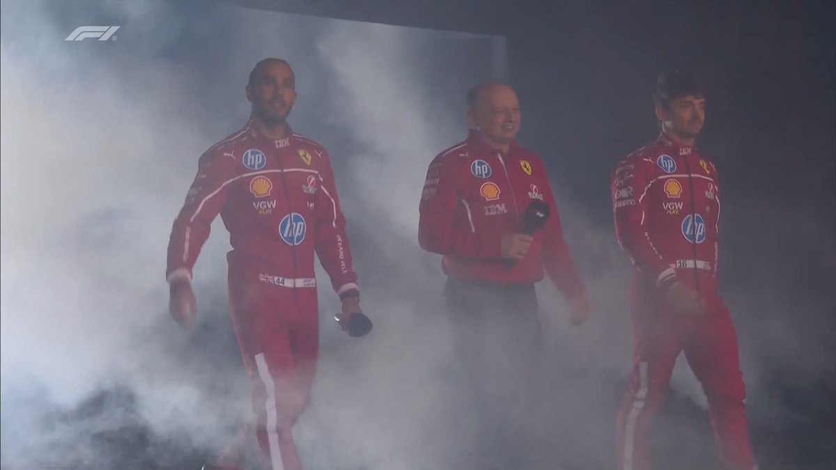 Ferrari's Lewis Hamilton, Charles Leclerc, and Fred Vasseur are onstage to launch the 2025 livery in all-red ⚡️❤️