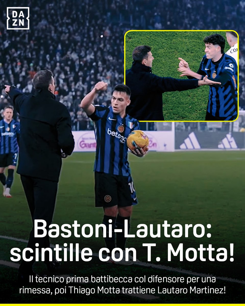 Thiago Motta, che scintille! 🧨 Prima il 𝒃𝒂𝒕𝒕𝒊𝒃𝒆𝒄𝒄𝒐 con Bastoni 🗣️ Poi 𝙩𝙧𝙖𝙩𝙩𝙞𝙚𝙣𝙚 Lautaro che reagisce 💥 🎤 Davide Bernardi Bordocam #JuveInter è disponibile ora su #DAZN! 📲