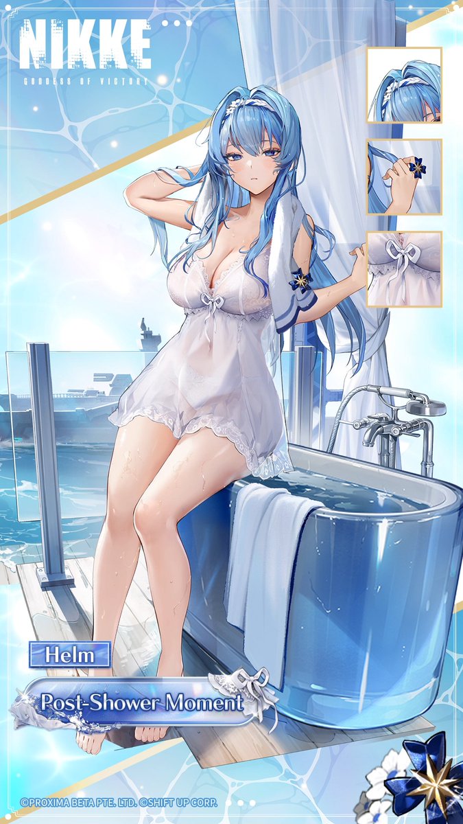 【Helm Costume Introduction】 👕 Costume Name: Post-Shower Moment 👧 Nikke: Helm 🎁 How to obtain: Costume Gacha The warmth that remains after a shower. Helm - Post-Shower Moment can now be obtained from the Costume Gacha with full voice-over, Burst Skill animation, standing pose, and special SD model. HD Ver 🔗: Event Period 📅 2/20 (After Maintenance) ~ 3/13 04:59 (UTC+9) #NIKKE #Helm