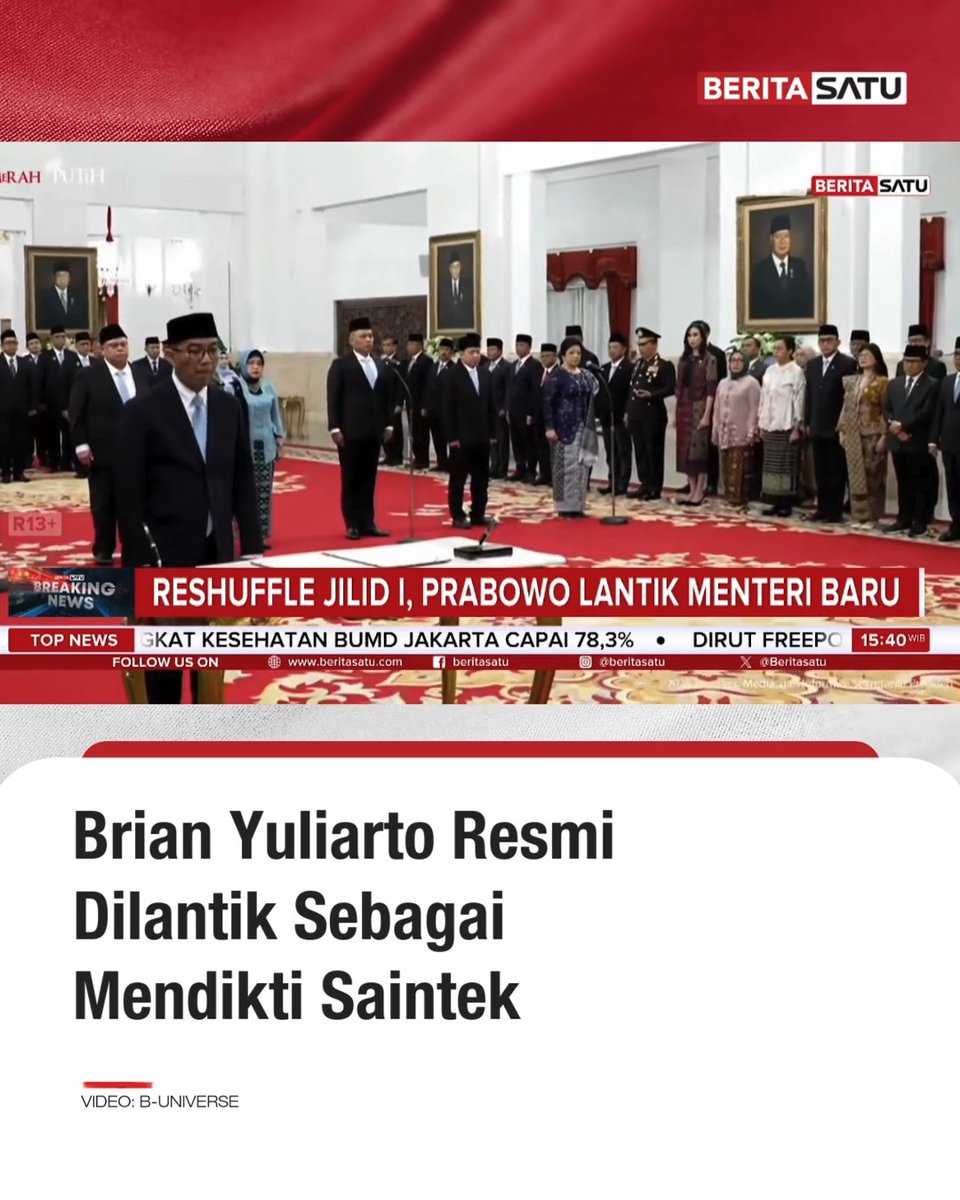 Presiden Prabowo Subianto melakukan reshuffle kabinet pada Rabu (19/2/2025) sore, dengan salah satu menteri yang dicopot adalah Menteri Pendidikan Tinggi, Sains, dan Teknologi (Mendiktisaintek) Satryo Soemantri Brodjonegoro dan diganti oleh Brian Yuliarto. Satryo sebelumnya menjadi sorotan setelah didemo ratusan pegawainya bulan lalu. Selain reshuffle, Prabowo juga melantik beberapa kepala lembaga, termasuk pimpinan Badan Siber dan Sandi Negara (BSSN). Selalu update berita terkini di & YouTube BeritaSatu! #MendiktiSatryo #SatryoSoemantri #BrianYuliarto #Reshuffle #PresidenPrabowo #BeritaSatu
