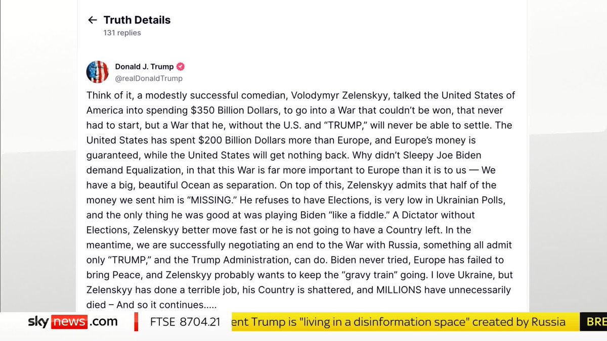 BREAKING: Donald Trump has called Volodymyr Zelenskyy a "dictator" in a scathing post on Truth Social. Sky's Kamali Melbourne has the full post... Live updates ➡️ 📺 Sky 501, Virgin 602, Freeview 233 and YouTube