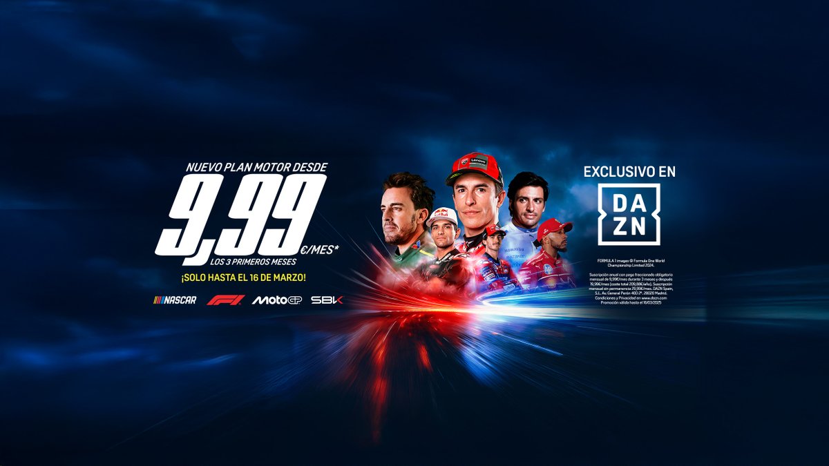 Sólo los más rápidos consiguen algo tan grande 🔥 Consigue el nuevo Plan Motor de DAZN con la Fórmula 1 y MotoGP desde 9,99€ al mes 🏎️🏍️ 📎
