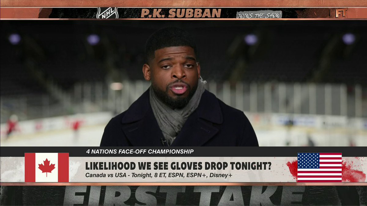 "Which fan doesn't want to see players drop the gloves tonight?" 😯 P.K. Subban says he would "not be surprised" if a fight breaks out in the USA-Canada 4 Nations Face-Off final 👀