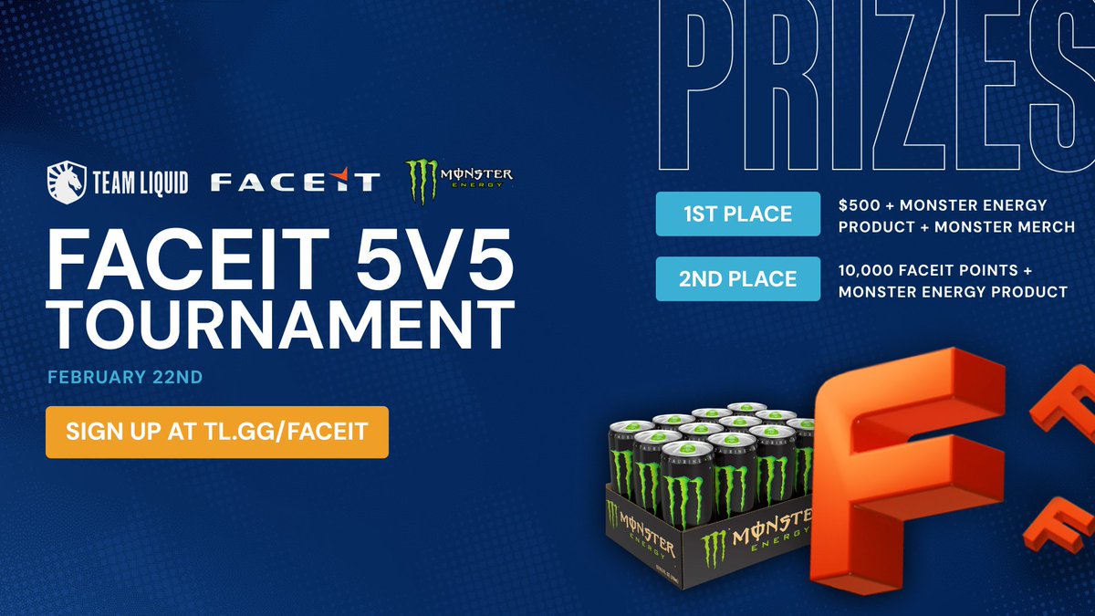 Don't miss out on our three FACEIT Tournaments this weekend! 🔵 2v2 (NA) - Feb 22nd ⚪️ 5v5 (EU) - Feb 22nd 🔵 2v2 (EU) - Feb 23rd Winners receive CASH prizes + Monster Energy &amp; FACEIT prizes! 🎁 Sign up now to book your spot: 🌊