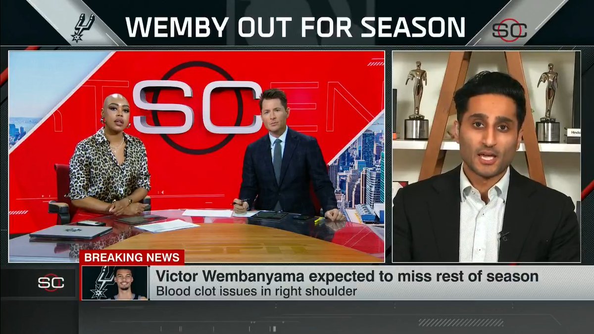 Reporting for SportsCenter on Victor Wembanyama sidelined for the season with what the Spurs believe is an isolated blood clot and will bring full recovery: