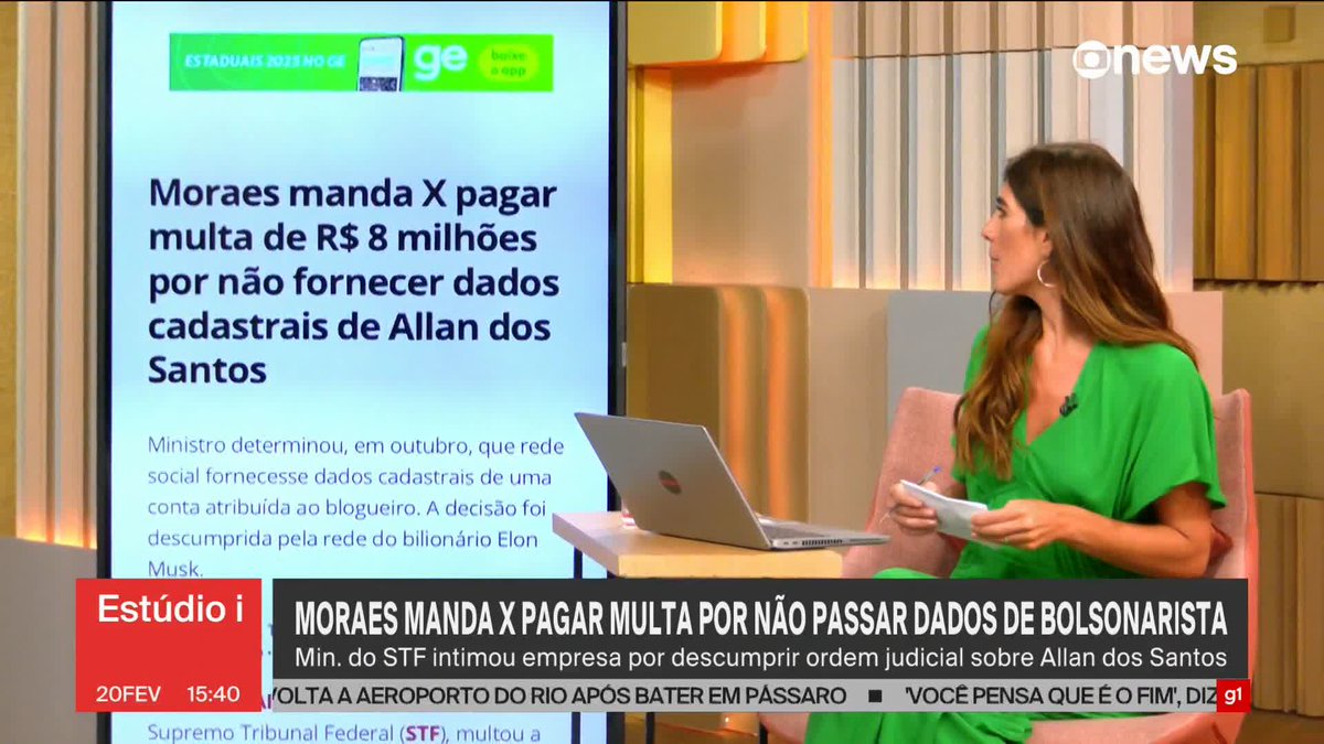 Moraes manda X pagar multa de R$ 8 milhões por não fornecer dados cadastrais de Allan dos Santos. ➡ Assista ao #Estúdioi: #GloboNews