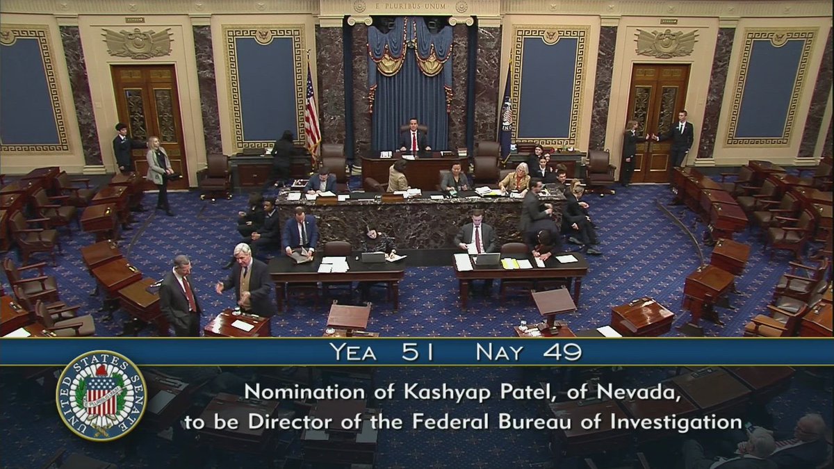 U.S. Senate CONFIRMS Kash Patel to be FBI Director, 51-49.
