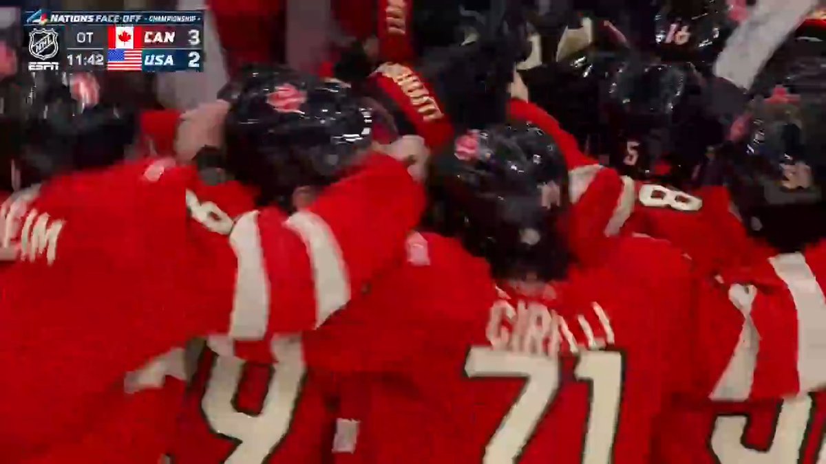 🎥 | Connor McDavid scored 8:18 into OT and 🇨🇦 claimed the #4Nations Face-Off title with a 3-2 victory over 🇺🇸. 🎥 | Connor McDavid marque en prolongation et le 🇨🇦 gagne le titre de la Confrontation des 4 nations grâce à un gain de 3-2 sur les 🇺🇸.