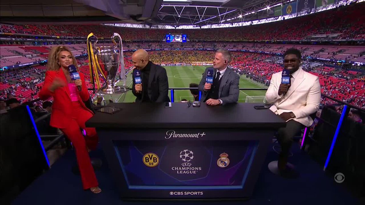 🗣️ Kate Abdo: "Tonight, I am joined by: 🐐 Thierry Henry. 🐐 Jamie Carragher. And Micah Richards, who is working his 5th Champions League final as a pundit, equalling the number of UCL matches he played in his career." Henry's reaction: 😂