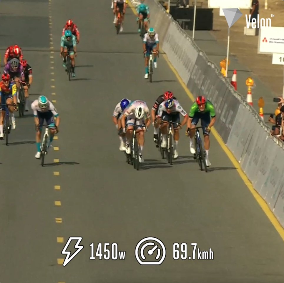 Perfect positioning and raw power 🚀 Soudal Quick-Step Pro Cycling Team's Tim Merlier won Stage 5 of the UAE Tour Official with this supreme sprint. ⏱️ Time: 12” 💨 Avg speed: 69.8km/h 🌪️ Max speed: 71.3km/h ⚡️Avg power: 1350w 💥 Max power: 1700w ________ 🇦🇪 #UAETour