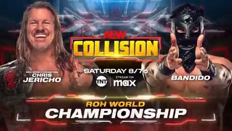 TOMORROW #AEWCollision 8 ET / 7 CT on TNT Drama &amp; Sports on Max! ROH World Championship Chris Jericho vs Bandido🔫🌵 The duel is official, The Nueve Chris Jericho finally faces Bandido with the ROH - Ring of Honor Wrestling World Championship on the line! TOMORROW, 8 ET / 7 CT on TNT &amp; MAX!