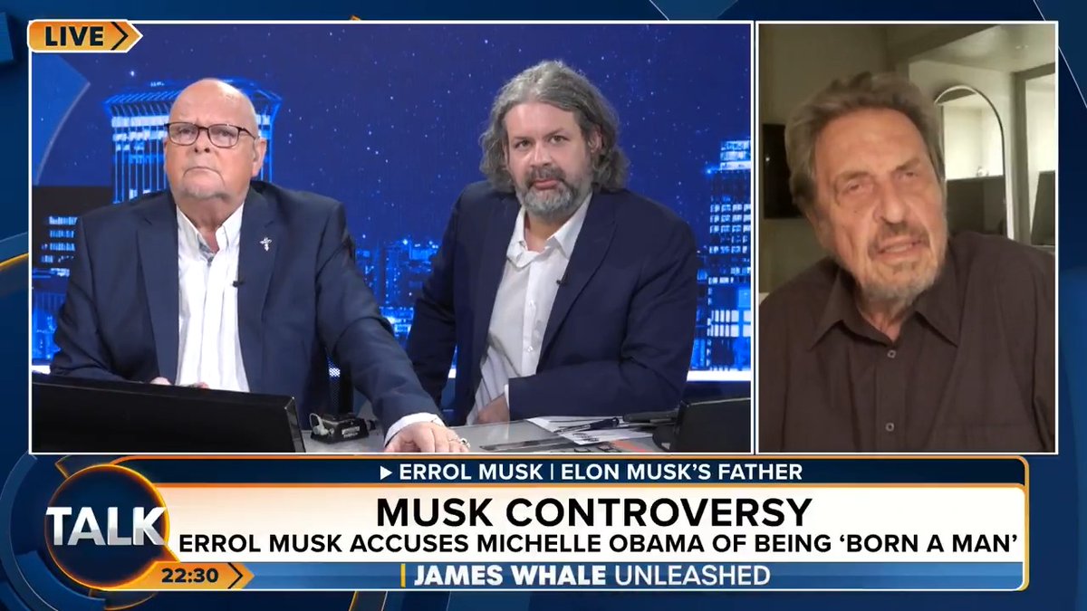 🚨 Elon Musk's father Errol Musk claims Michelle Obama was born a man. James Whale: "You seriously believe she was born a man?" Errol Musk: "Yes, the birth certificate claims it is a man." James Whale MBE. Ash