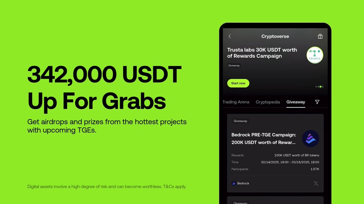 Reward yourself this weekend with 342K USDT worth of prizes in week's campaigns with Astra Nova, Trusta.AI, Bedrock | BR is LIVE, METYA &amp; Folks Finance! Check them out: 📱 Discover > Cryptoverse > Giveaway 💻