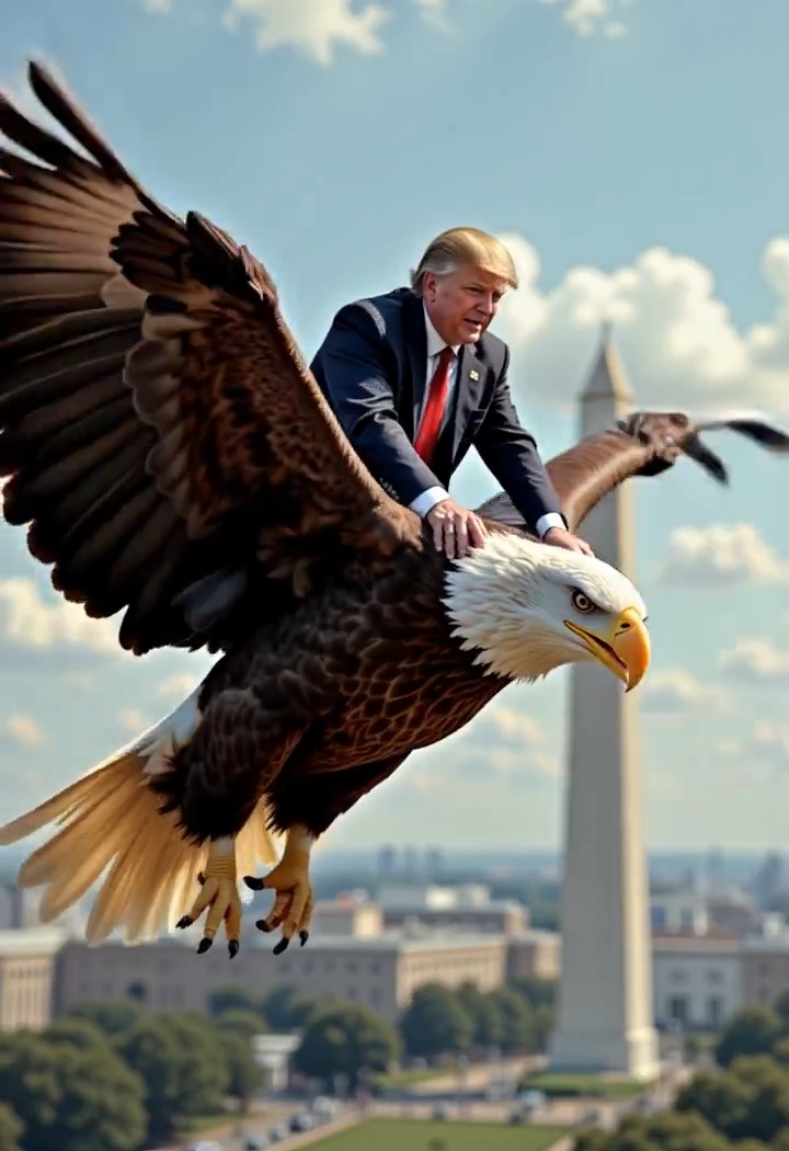 Well here goes. Miniature Donald J. Trump on an eagle! Created using #KlingAI.