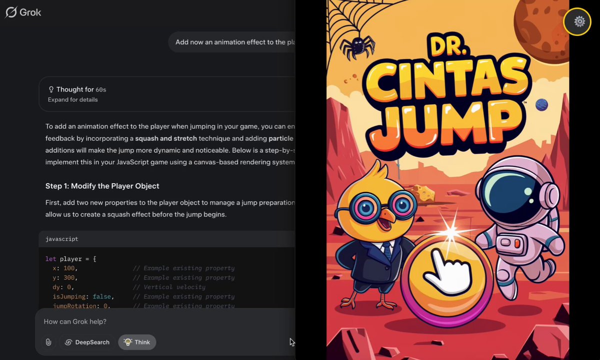 Grok 3 is an incredible AI coding assistant. After a couple of hours and +1000 lines of code generated, I have now a fully functional 2D vertical jumping game. With different heroes, monsters, platforms, difficulties, and lives. Here are the prompts and process I followed: