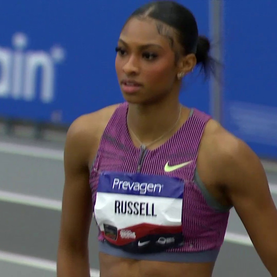 Masai Russell's 7.74 60mH world lead in a great race with Grace Stark (7.76) to win her first indoor national title! Masai Russell OLY ✨