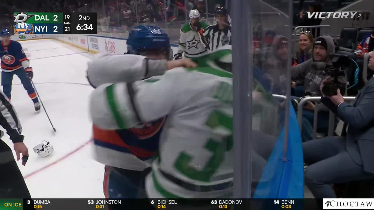 Matt Dumba drops the gloves to stand up for Lian Bichsel. #TexasHockey