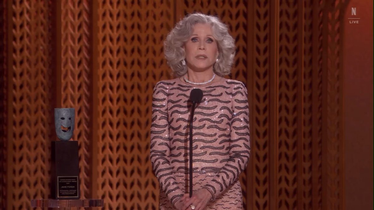Jane Fonda accepting Lifetime Achievement at #SAGawards cites McCarthy era and then: “We are in our documentary moment. This is it, and it’s not a rehearsal. This is it. And we mustn’t for a moment kid ourselves about what’s happening. This is big time serious folks. So let’s be brave. This is a good time for a little Norma Rae or Karen Silkwood. We must not isolate. We must stay in community. We must help the vulnerable.”