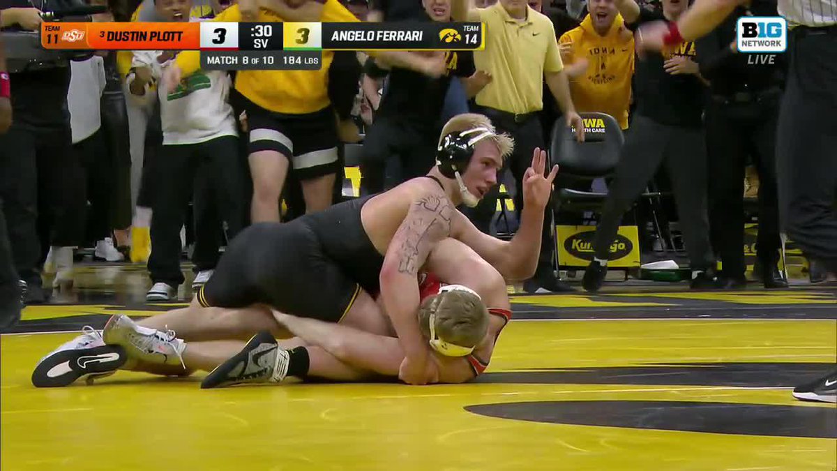 This was so electric, epic, you name the adjective 🤯 Angelo Ferrari upsets No. 3 Dustin Plott in sudden victory 👇 #B1GWrestling x Iowa Hawkeye Wrestling