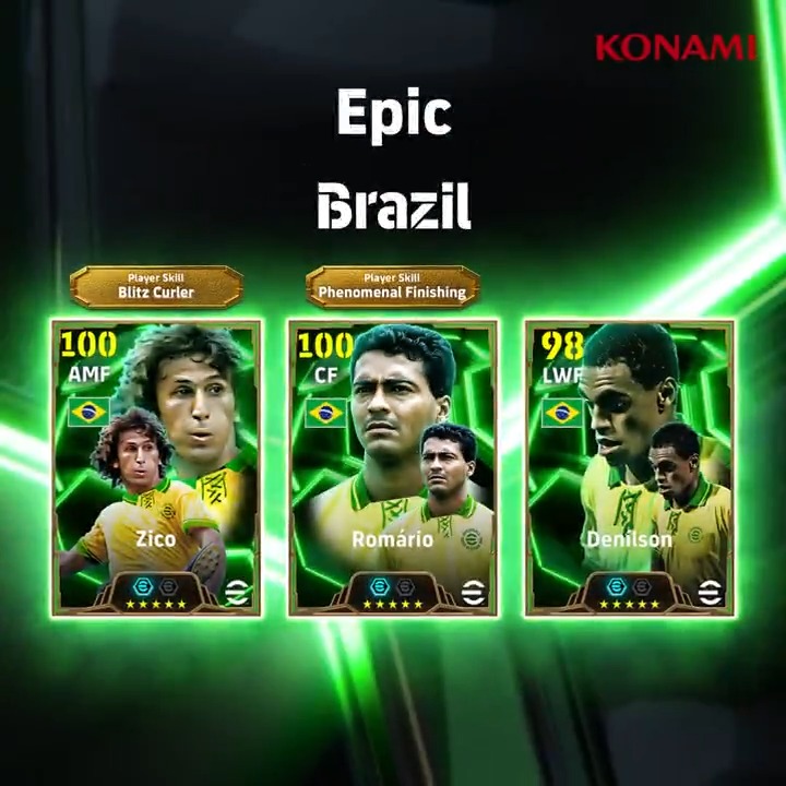 【Epic: Brazil】 ブースタースロットを所持した伝説の選手が3名登場! ジーコ(ファンタジスタ +2) ロマーリオ(ストライカーセンス +2) デニウソン(ボールキャリー +2) セレソンのレジェンドを獲得して、攻撃のリズムを掴もう! #eFootball #イーフト
