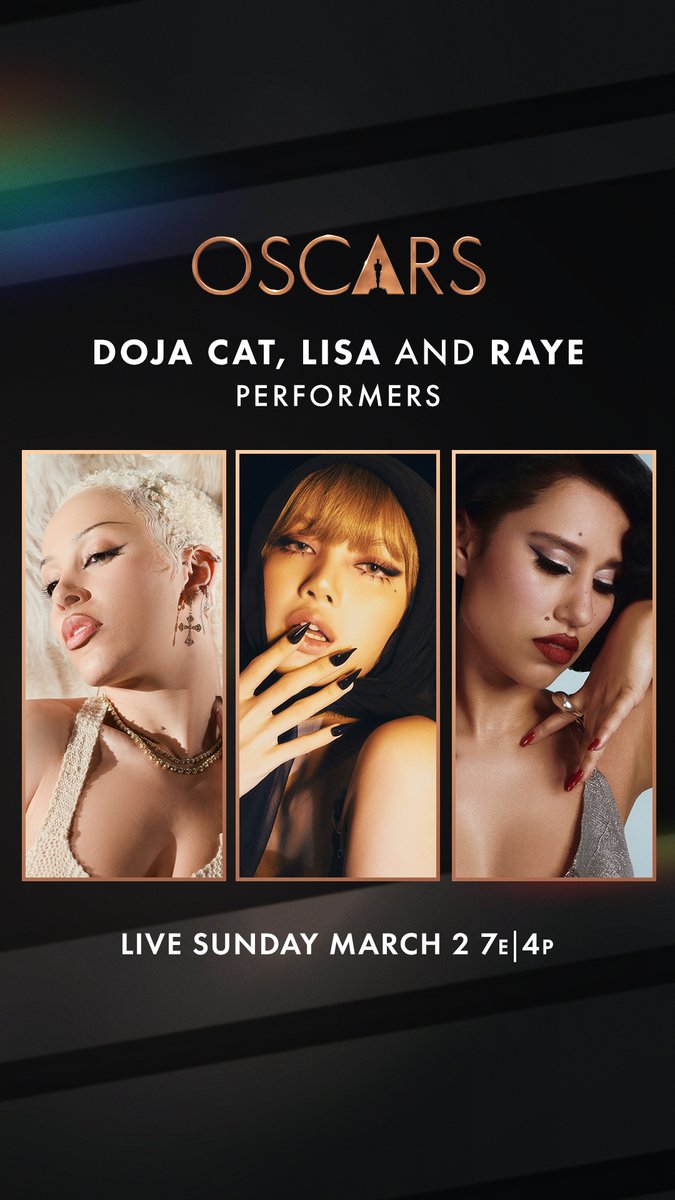 Three global superstars. One epic #Oscars moment. Doja Cat, LISA of Blackpink, and RAYE take the stage for a showstopping celebration of cinema. Watch the Oscars LIVE Sunday, March 2, at 7e/4p on ABC and Hulu, with Conan O’Brien hosting. Expect the unexpected—only at the Oscars.