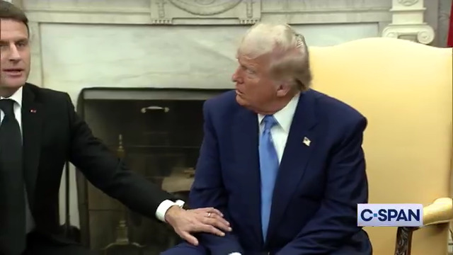 French President Emmanuel Macron corrects President Trump. Trump: "Europe is loaning the money to Ukraine. They get their money back." Macron: "No, in fact. To be frank we paid. We paid 60% of the total effort."