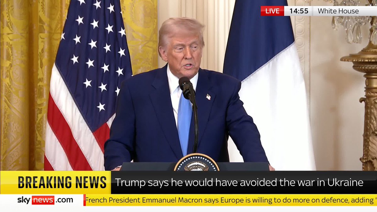 'President Macron agrees that the cost and the burden of securing the peace, must be borne by the nations of Europe. Not alone by the US.' Donald Trump says, 'the US has put up far more aid for Ukraine than any other nation'. 📺 Sky 501 and YouTube