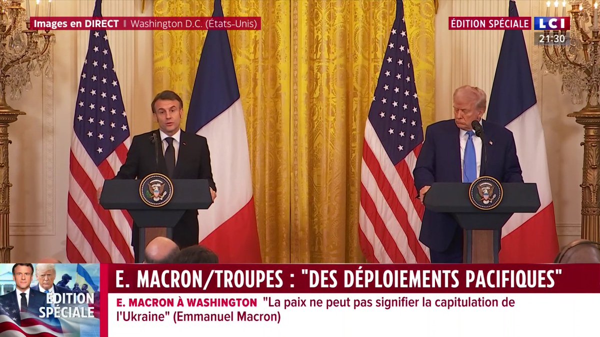 🔴 Conférence de presse de Donald Trump et Emmanuel Macron 🗣️ Emmanuel Macron sur l'envoi de troupes : "Une fois qu'il y a une paix solide, durable, négociée (...) Ce sont des déploiements pacifiques, non engagés dans des combats, des déploiements de force de garanties."