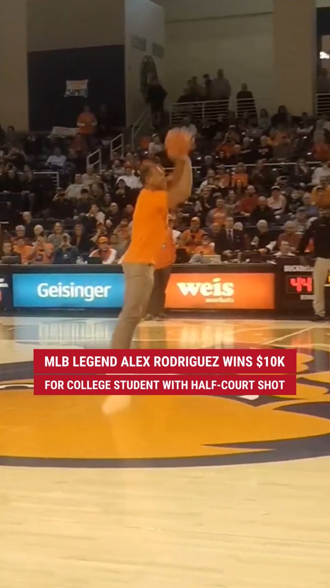 HE SHOOTS, HE SCORES: Former baseball superstar Alex Rodriguez gives college kids the surprise of a lifetime and shows he's skilled in more than one sport, draining a half-court shot to win a lucky student $10,000.