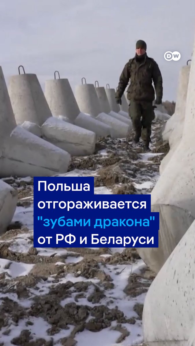 Так выглядят оборонительные сооружения на границе Польши с Россией. Каждый блок из так называемых "зубов дракона" весит три тонны. Видео из Польши
