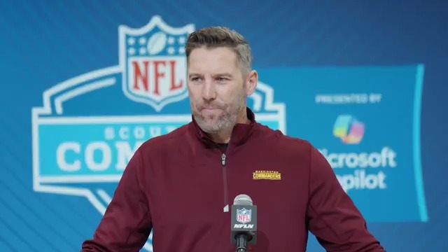 GM Adam Peters speaks to the media at the NFL Combine
