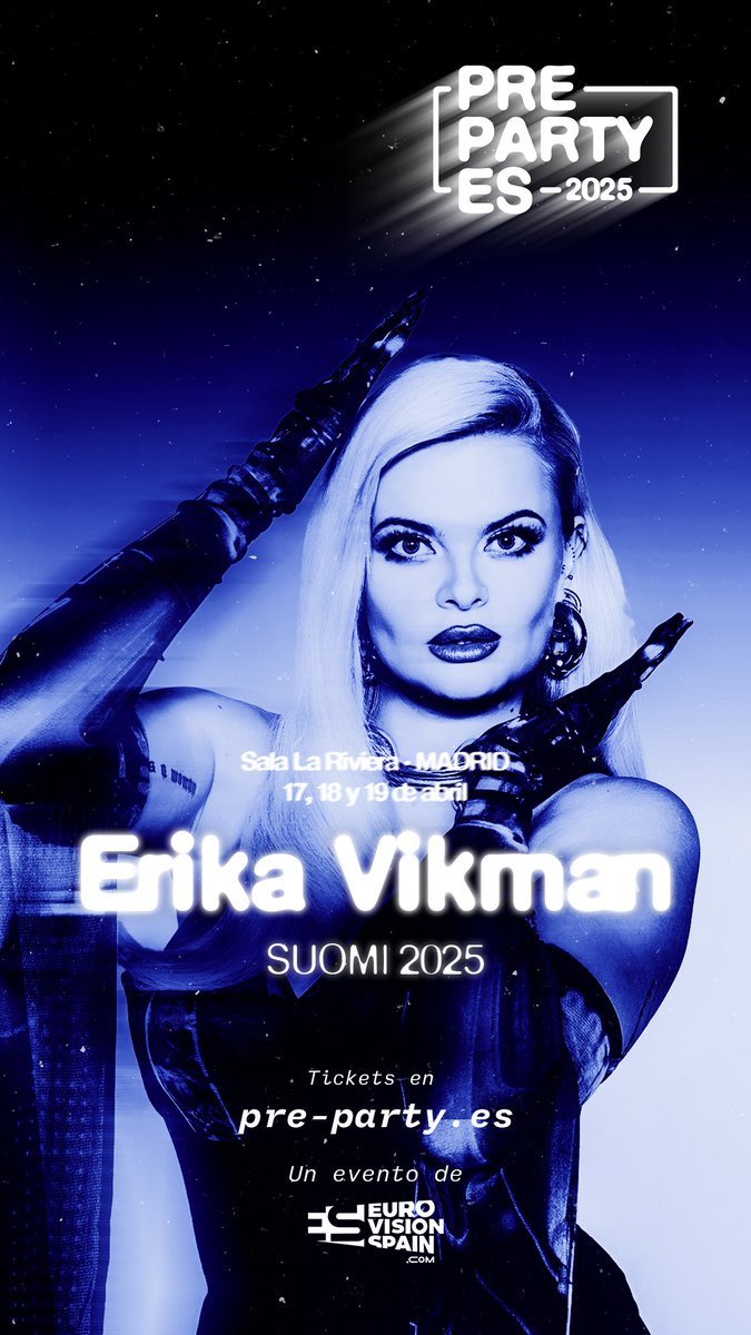 🔥 ¡Erika Vikman SE VIENE a la #PrePartyES25! La representante de Finlandia 🇫🇮 actuará el sábado 19 en La Riviera y se suma a Luxemburgo 🇱🇺, Bélgica 🇧🇪 y Albania 🇦🇱 ¡Vive la 9ª edición de la mayor fiesta eurovisiva el 17, 18 y 19 de abril! 🎟