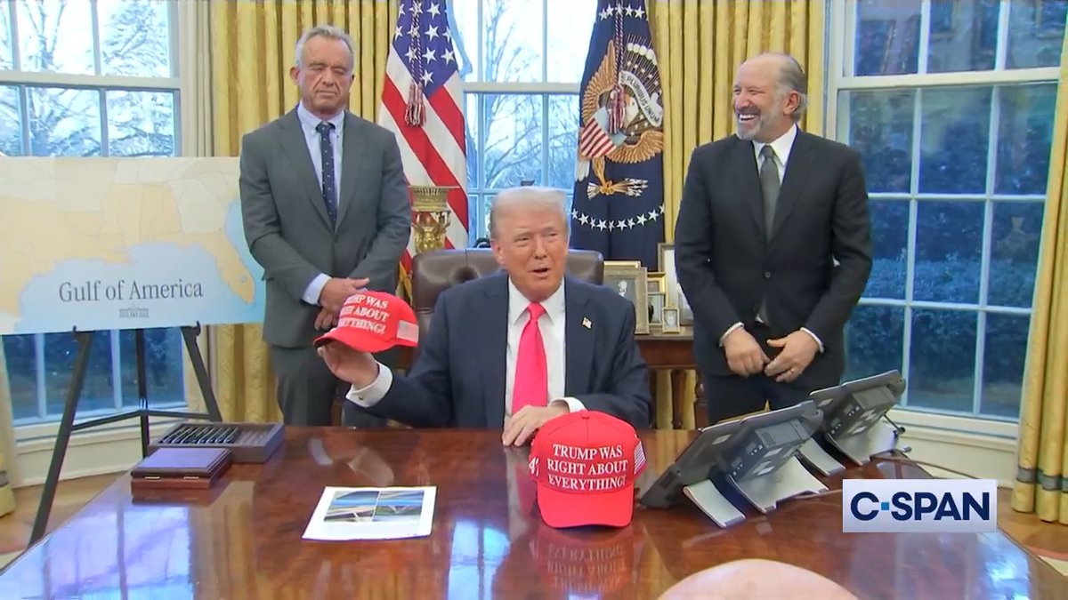 President Trump shows new "TRUMP WAS RIGHT ABOUT EVERYTHING" hats.