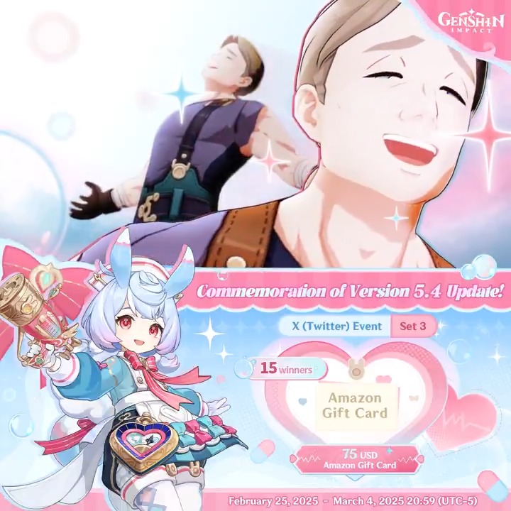 ✨Set 3✨ Commemoration of Version 5.4 Update 🎁Participate in the event for a chance to win a $75 Amazon gift card. How to Participate: ① Follow Genshin Impact ② Retweet this post You can instantly check the event results here>>> #GenshinImpact