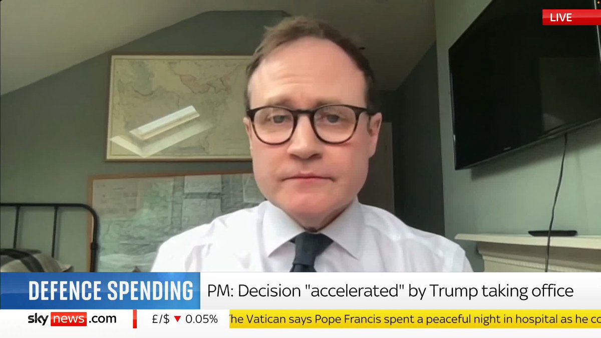"I think the Prime Minister has made the right decision," says former Security Minister Tom Tugendhat, welcoming Keir Starmer's plan to raise defence spending to 2.5% of GDP by 2027 and acknowledging "the world has changed." 📺 Sky 501 and YouTube