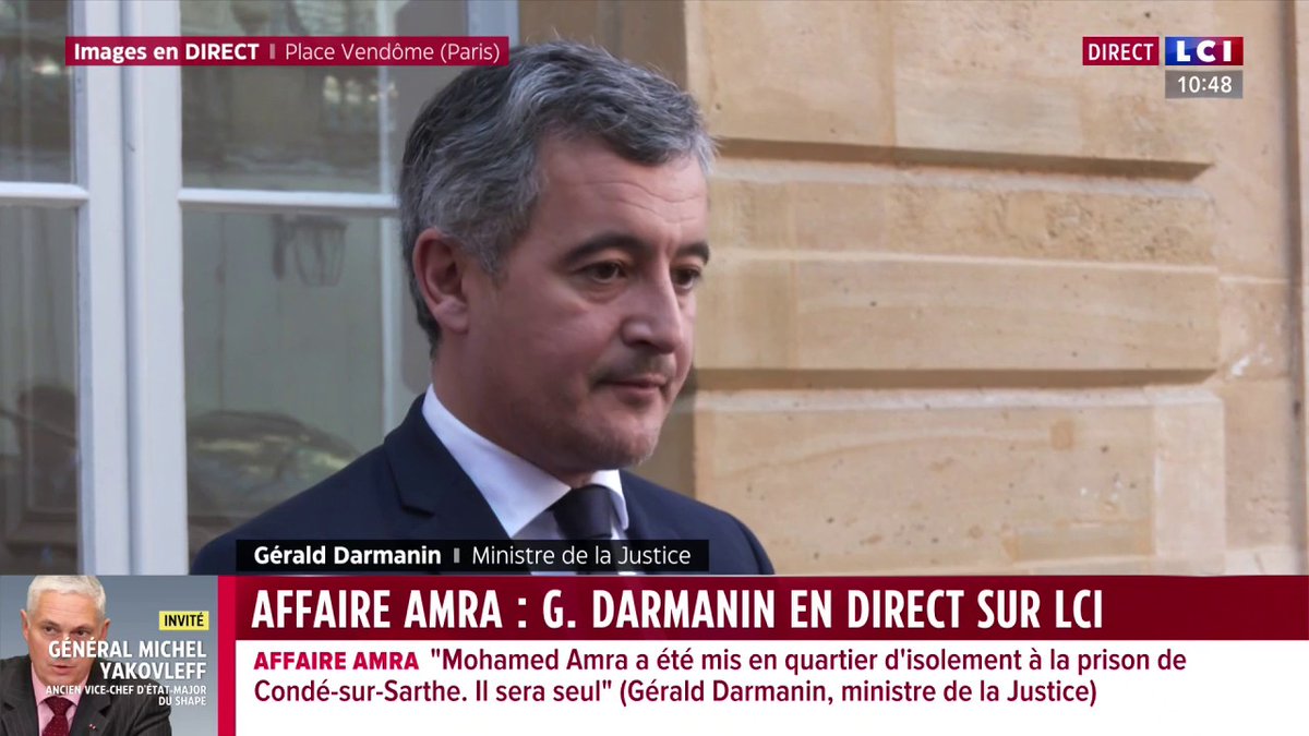 🔴 Mohamed Amra 🗣️ Gérald Darmanin, ministre de la Justice : "J'avais demandé à ce qu'il soit mis à l'isolement à la prison de Condé-sur-Sarthe (...) qui permet un régime d'isolement strict (...) extrêmement difficile."