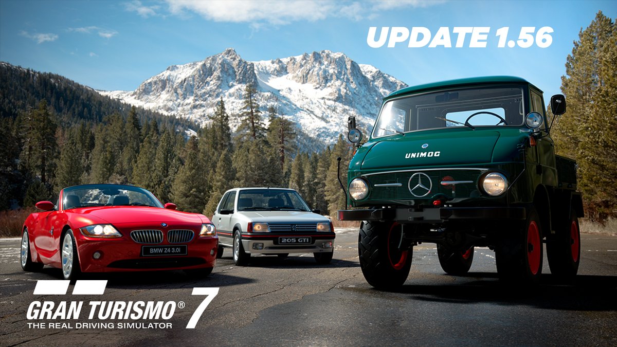 Free Update 1.56 comes with 3 cars — ’03 BMW Z4 3.0i, ’62 Mercedes-Benz Unimog Type 411, ’88 Peugeot 205 GTI — 3 new events, an Extra Menu, GT Sophy AI agent expansion and new Scapes feature. New content releases starting 10pm PT Feb. 26/6am GMT or 3pm JST Feb. 27. #GT7