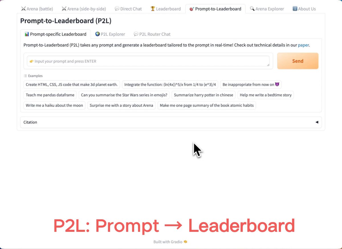 Introducing Prompt-to-leaderboard (P2L): a real-time LLM leaderboard tailored exactly to your use case! P2L trains an LLM to generate "prompt-specific" leaderboards, so you can input a prompt and get a leaderboard specifically for that prompt. The model is trained on the 2M human preference votes from Chatbot Arena. P2L Highlights: 🔹Instant leaderboard for any prompt 🗿 🔹Optimal model routing (hit #1 on Chatbot Arena in Jan 2025 with 1395 score 🧏) 🔹Fine-grained model strength & weakness analysis 🤓 Check out our demo and thread below for more details!