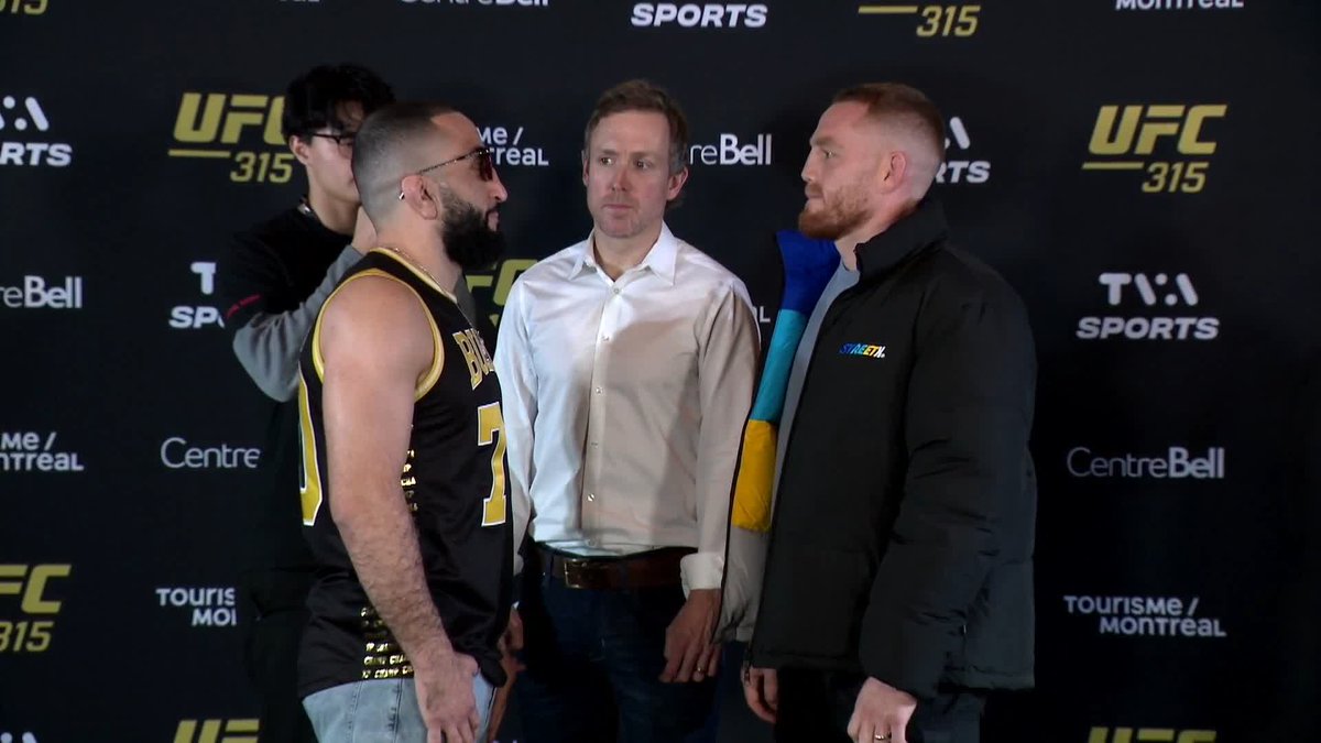 A encarada entre 🇵🇸 Belal Muhammad, campeão dos 77kg, e 🇦🇺 Jack Della Maddalena, o desafiante, na coletiva do UFC 315, evento que rola dia 10 de maio, no Canadá.