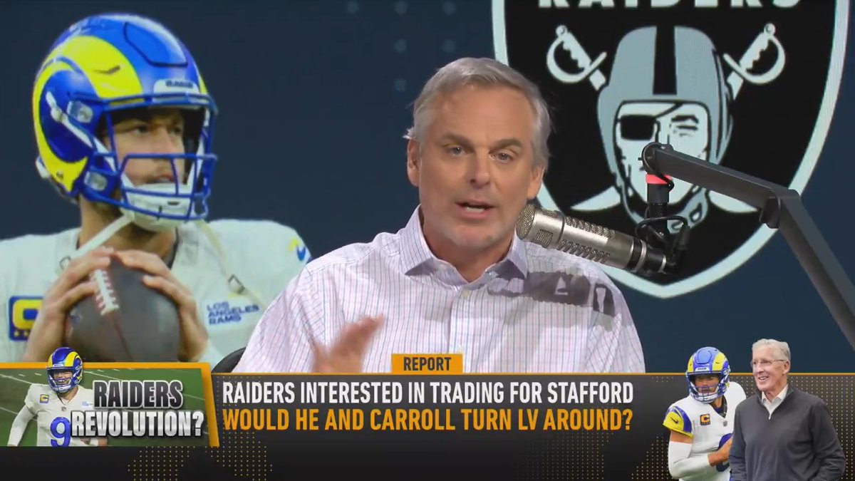 .@ColinCowherd sees Matthew Stafford to the Raiders… "Pete Carroll, Chip Kelly, Maxx Crosby and no state tax. This will turn the Raiders around."