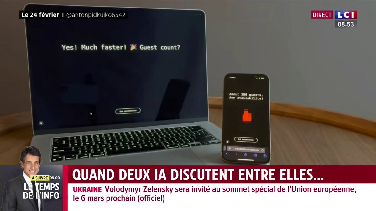 🔴 Quand deux IA discutent entre elles... 👉 Un monsieur demande à son téléphone, via son intelligence artificielle, d'appeler un hôtel, représenté par un ordinateur, pour réserver pour un mariage. Regardez et écoutez ce qu'il s'est passé.