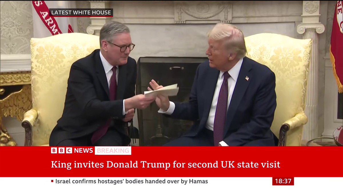 "It's an invitation for a second state visit, this is really special, this has never happened before, this is unprecedented," Keir Starmer says The UK PM presents US President Donald Trump with a letter from King Charles Follow live: