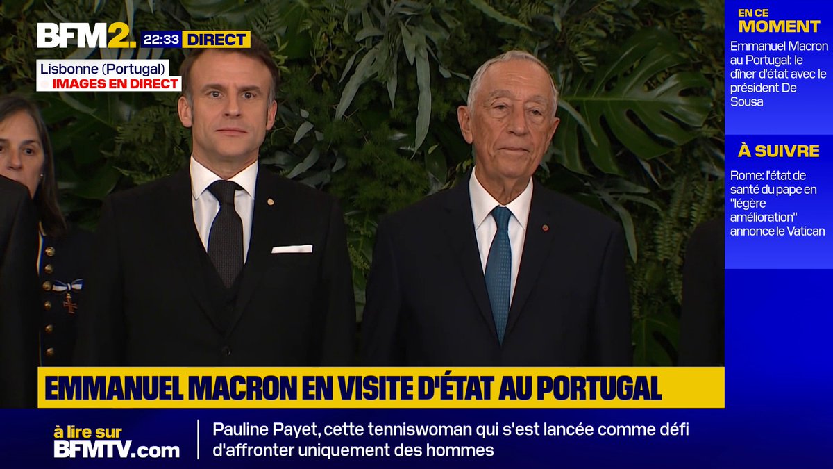Emmanuel et Brigitte Macron participent au dรฎner d'Etat du Portugal avec le Prรฉsident Marcelo Rebelo de Sousa